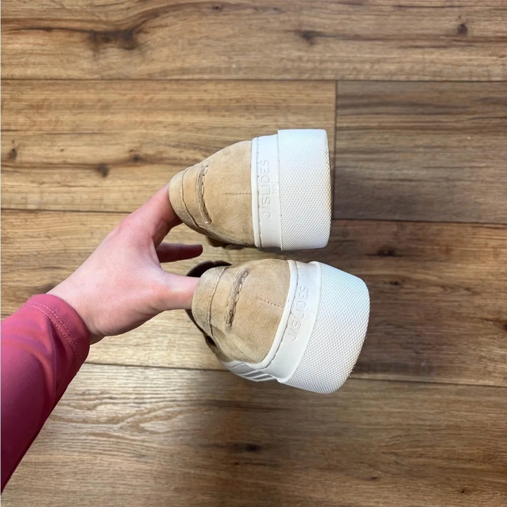 J/Slides AVA platform penny loafers in a light sand suede